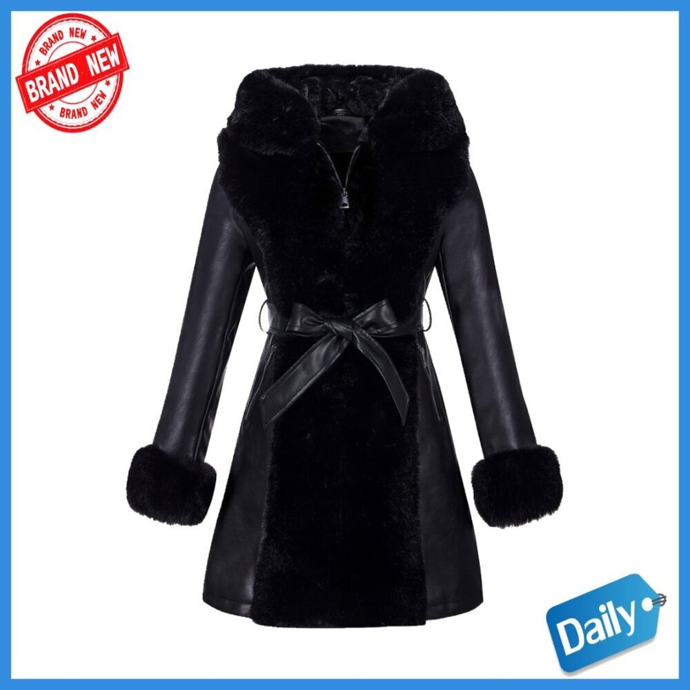 Faux Fur Lined Leather Jacket with Hood Belted Overcoat Women's Winter Coat